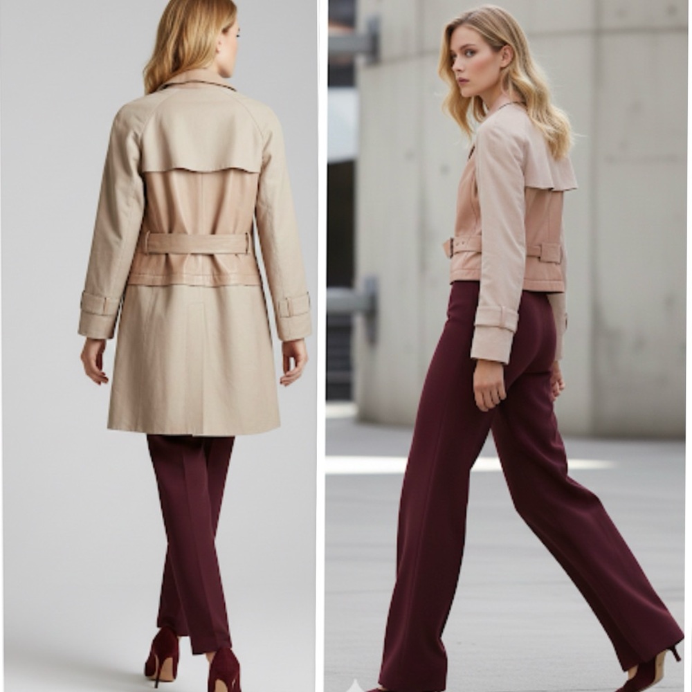 AKRIS Convertible 2in1 Lamb Leather & Cotton Trench-coat Jacket Desert Beige Sz6 - Picture 4 of 16